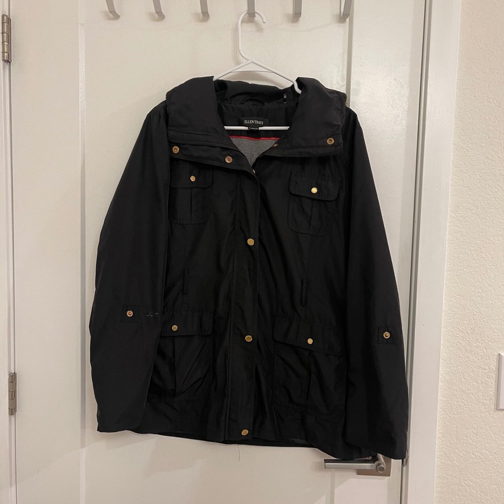 Ellen Tracey Black Rain Coat Wool Lining Chic Fall Classic Minimalist Coastal